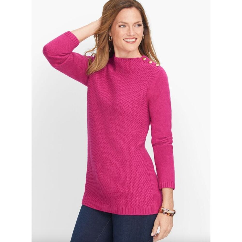Talbots Women's Mockneck Cotton Pink Textured Knit Tunic Sweater Medium